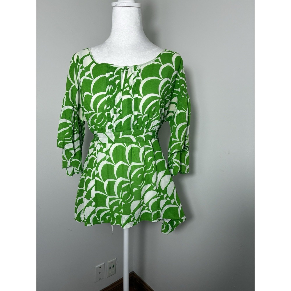 anthropologie maeve 100% Cotton Flowy Blouse Sz 10 Green Y2K Tie Back